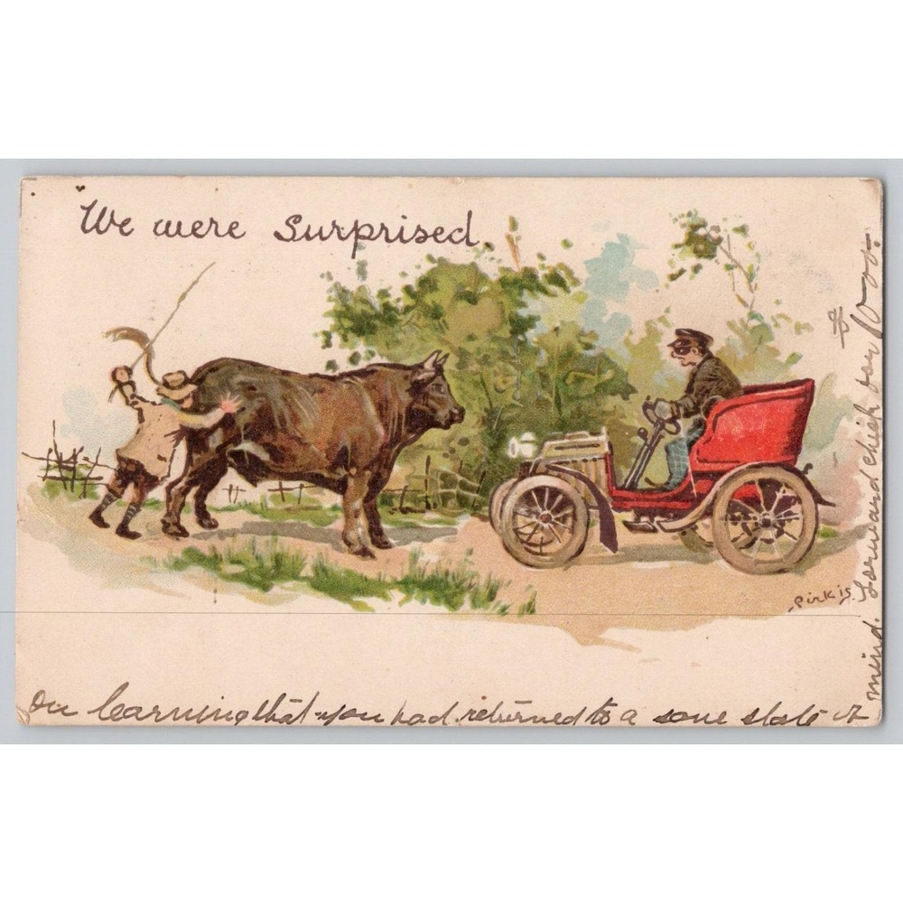 Sirkis Artist Comical "We Were Surprised" Bull & Automobile‎ Scene 1906 Postcard